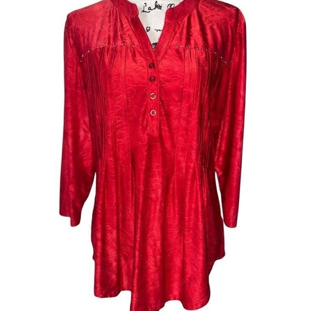 Shannon Ford New York Red Jacquard Studded Pintuck Tunic Blouse 3/4 Sleeve Large